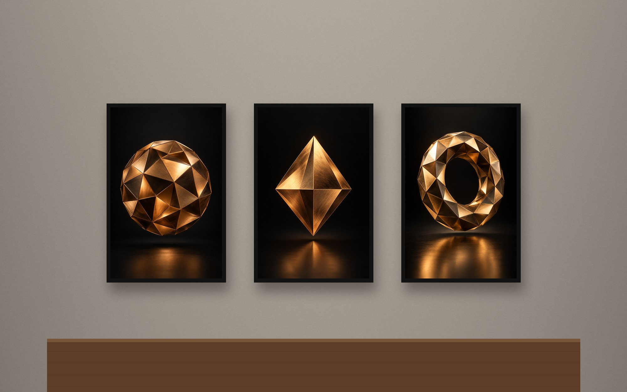 Kit 3 Quadros Geométricos Bronze e Preto — Sólidos