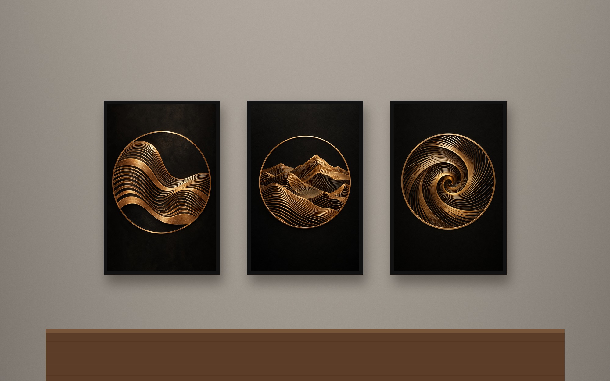 Kit 3 Quadros Geométricos Bronze e Preto — Linhas