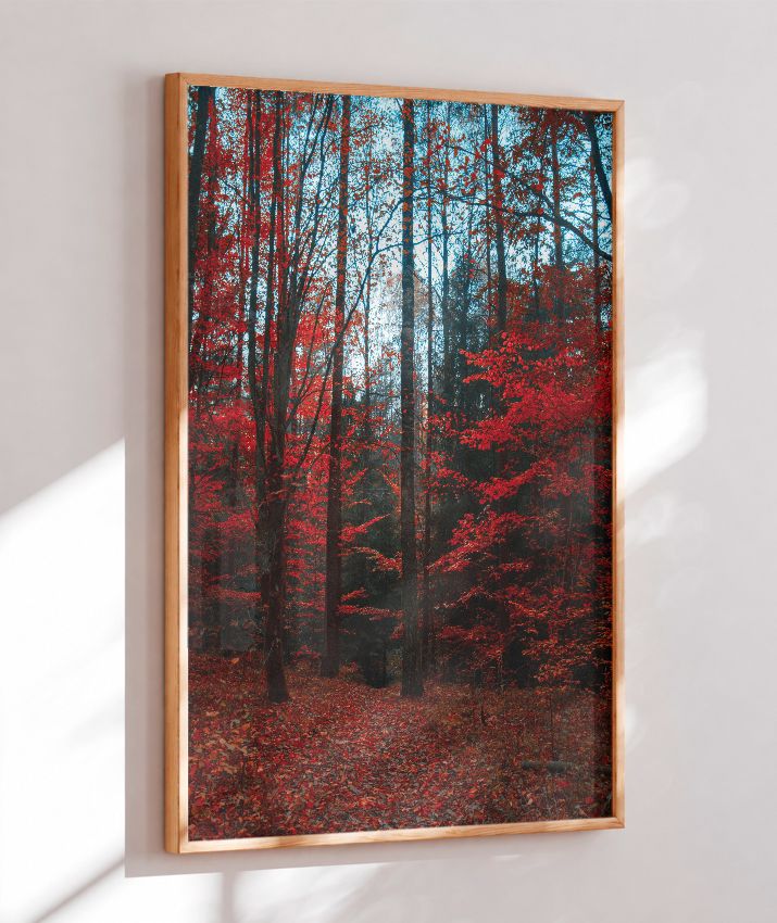Quadro Decorativo Floresta de Outono com Folhas Vermelhas