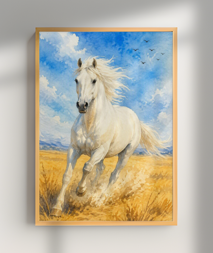 Placa Decorativa Cavalo Branco - Aquarela