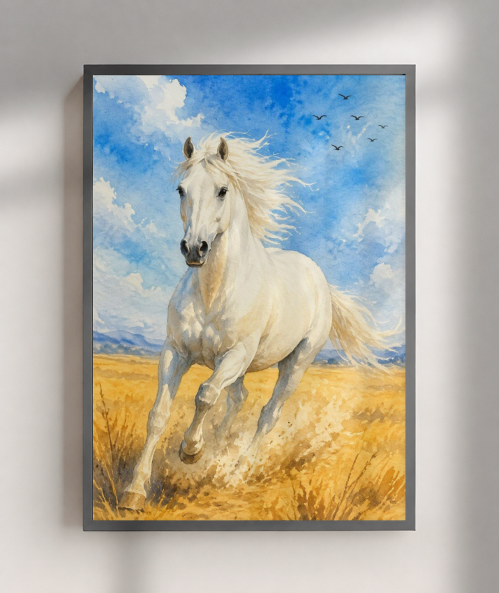 Placa Decorativa Cavalo Branco - Aquarela