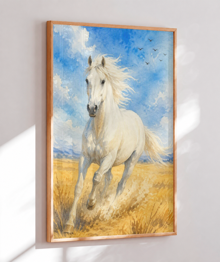 Placa Decorativa Cavalo Branco - Aquarela