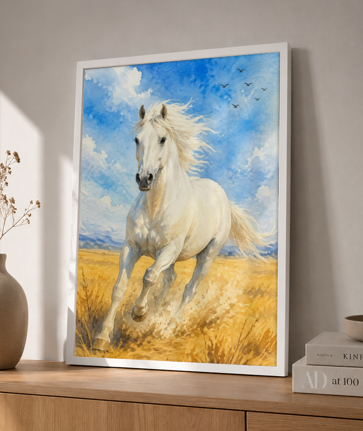 Placa Decorativa Cavalo Branco - Aquarela