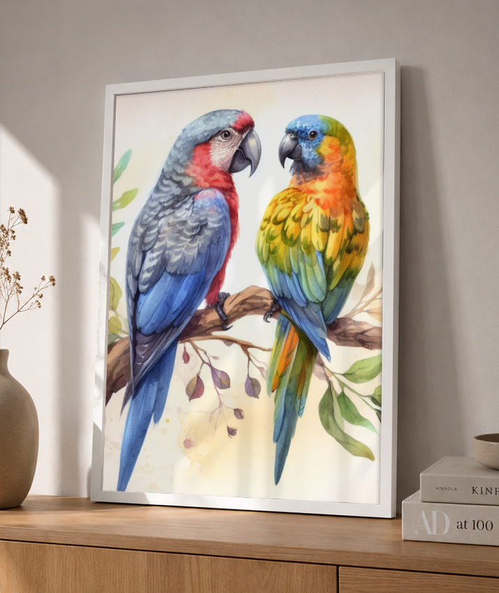 Placa Decorativa Papagaios em Aquarela