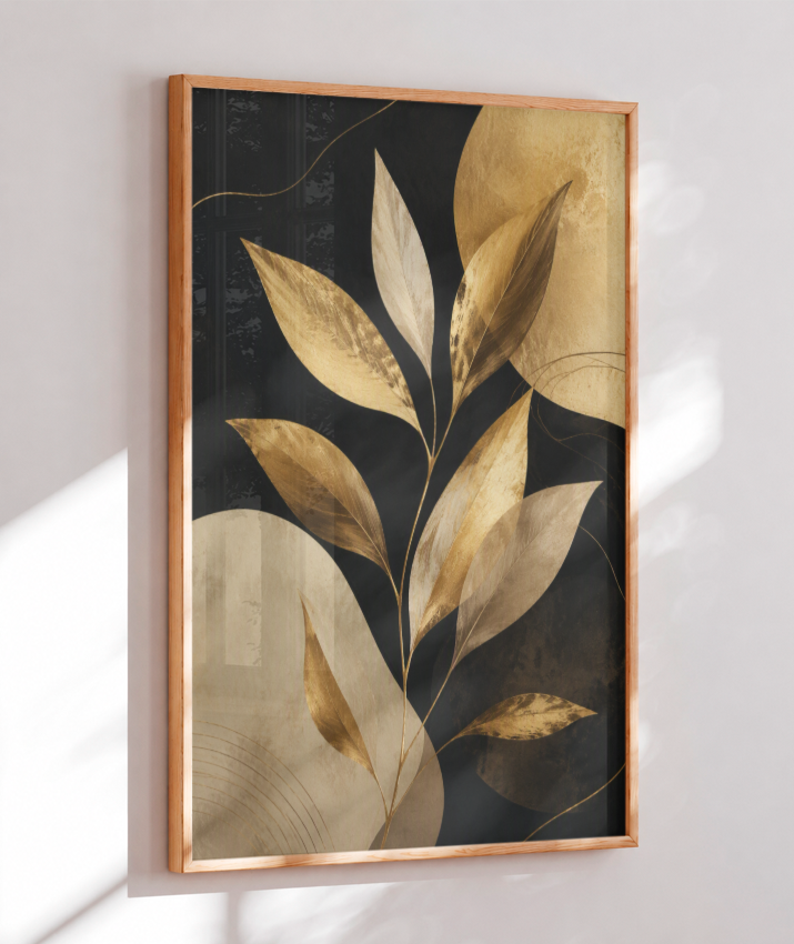 Quadro Retangular Vertical Botânico Folhas Douradas