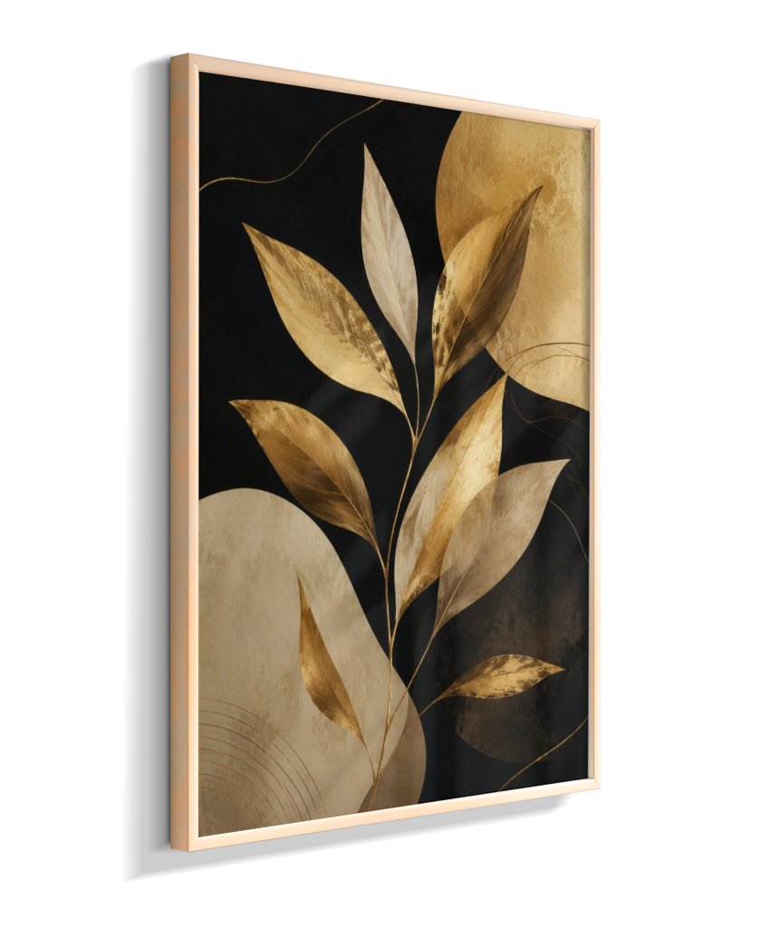 Quadro Retangular Vertical Botânico Folhas Douradas