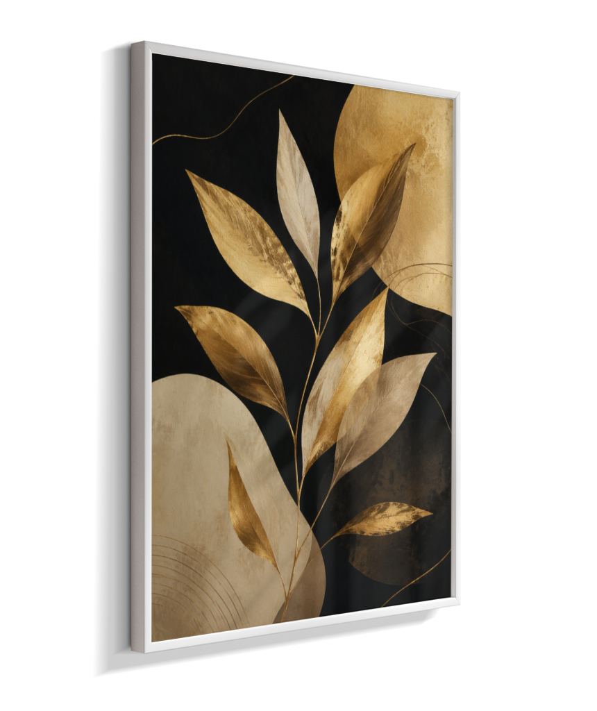 Quadro Retangular Vertical Botânico Folhas Douradas