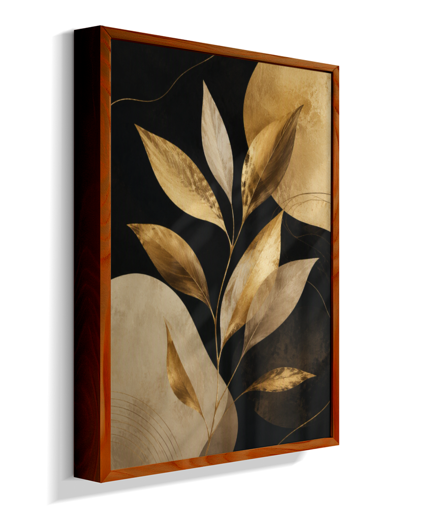 Quadro Retangular Vertical Botânico Folhas Douradas
