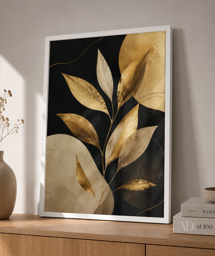 Quadro Retangular Vertical Botânico Folhas Douradas