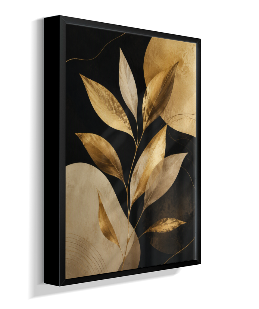 Quadro Retangular Vertical Botânico Folhas Douradas
