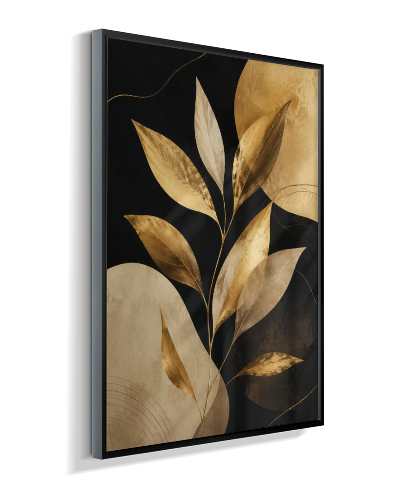 Quadro Retangular Vertical Botânico Folhas Douradas