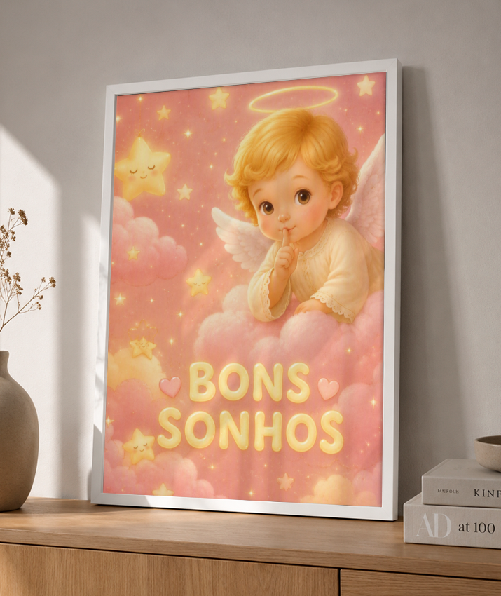 Placa Decorativa Infantil Anjinho Bons Sonhos - Rosa