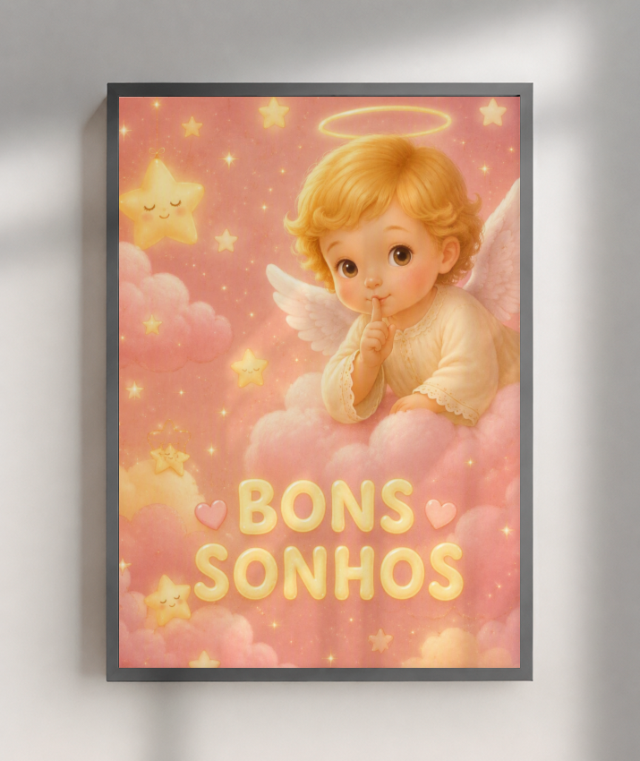 Placa Decorativa Infantil Anjinho Bons Sonhos - Rosa