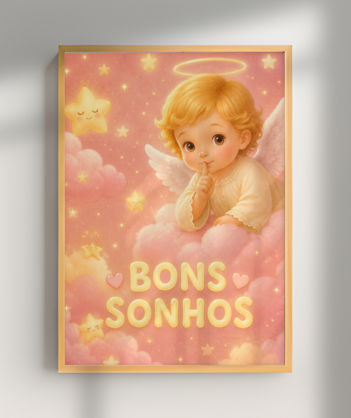 Placa Decorativa Infantil Anjinho Bons Sonhos - Rosa
