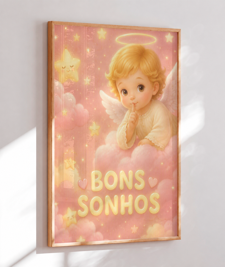 Placa Decorativa Infantil Anjinho Bons Sonhos - Rosa