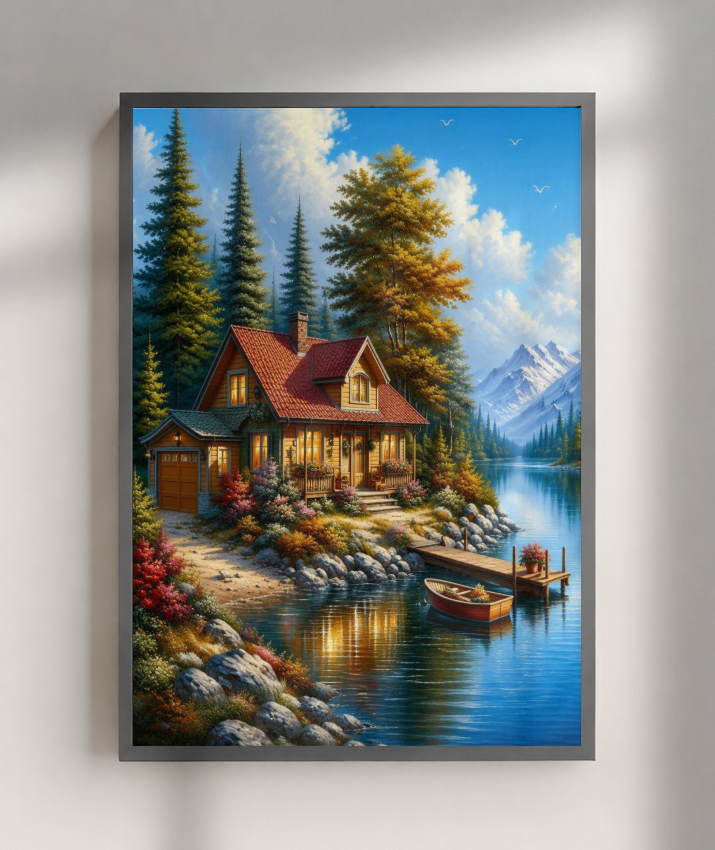 Placa Decorativa Cabana à Beira Lago