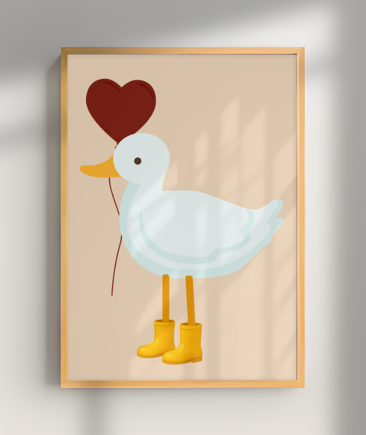 Pato com balão vermelho e galocha amarela
