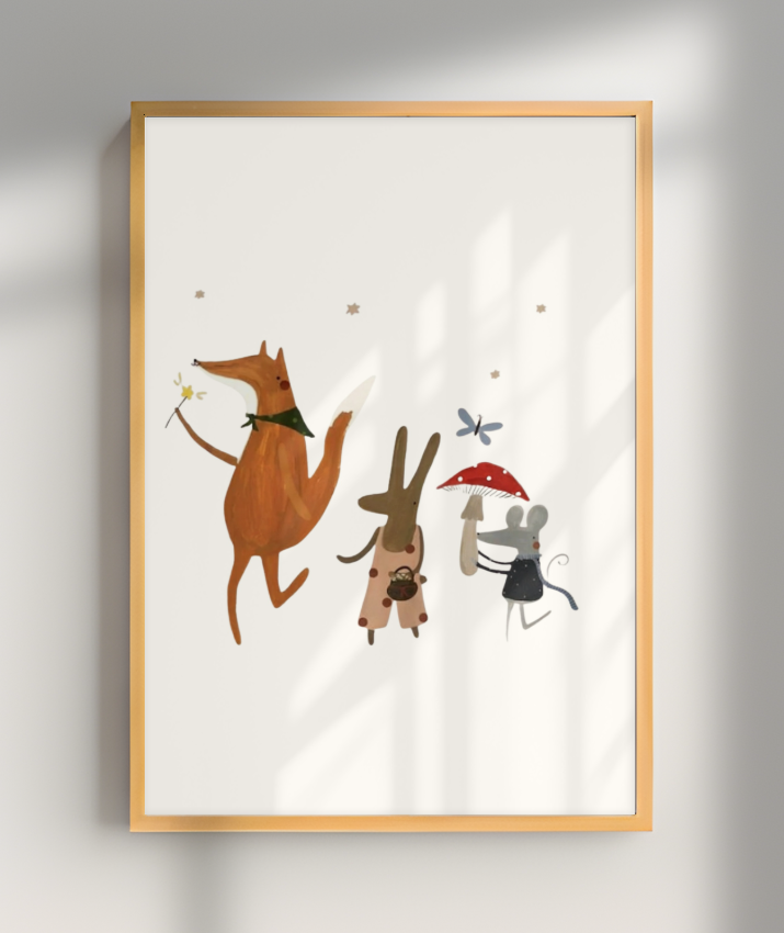 Amigos lúdicos (raposa, coelho e rato) com música (fundo offwhite)