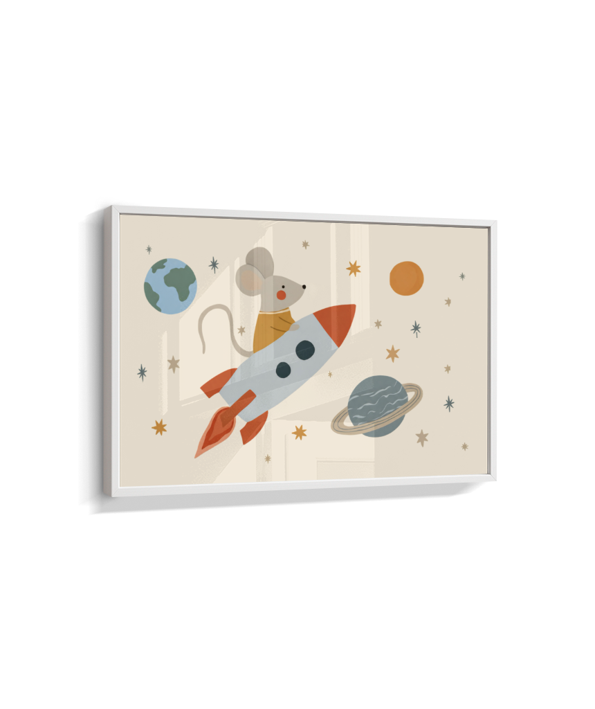 Ratinho no foguete espaço e planetas (horizontal)