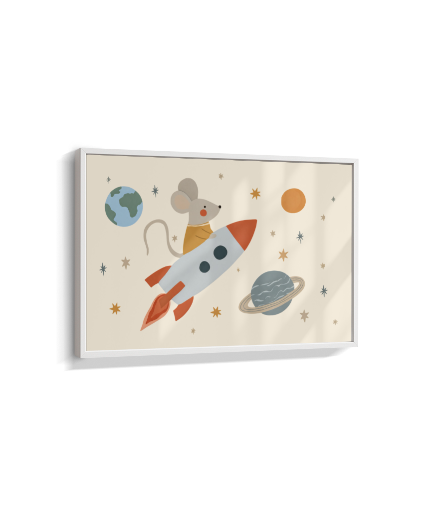 Ratinho no foguete espaço e planetas (horizontal)