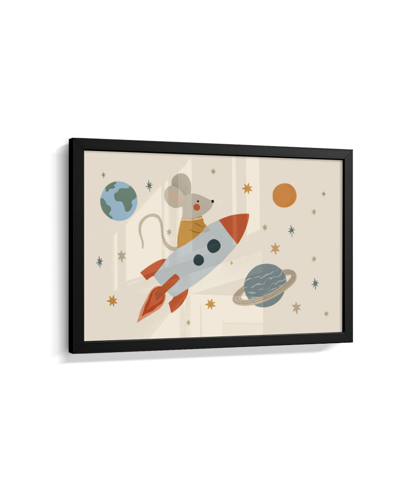 Ratinho no foguete espaço e planetas (horizontal)