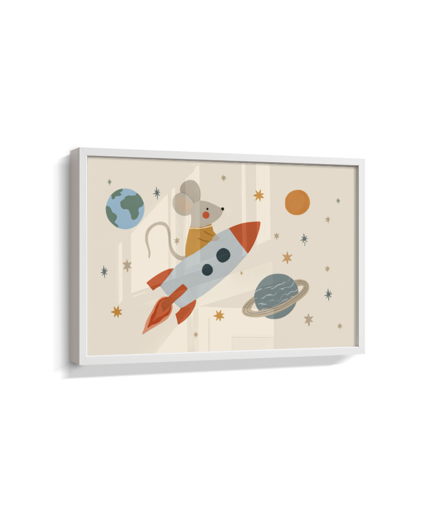 Ratinho no foguete espaço e planetas (horizontal)