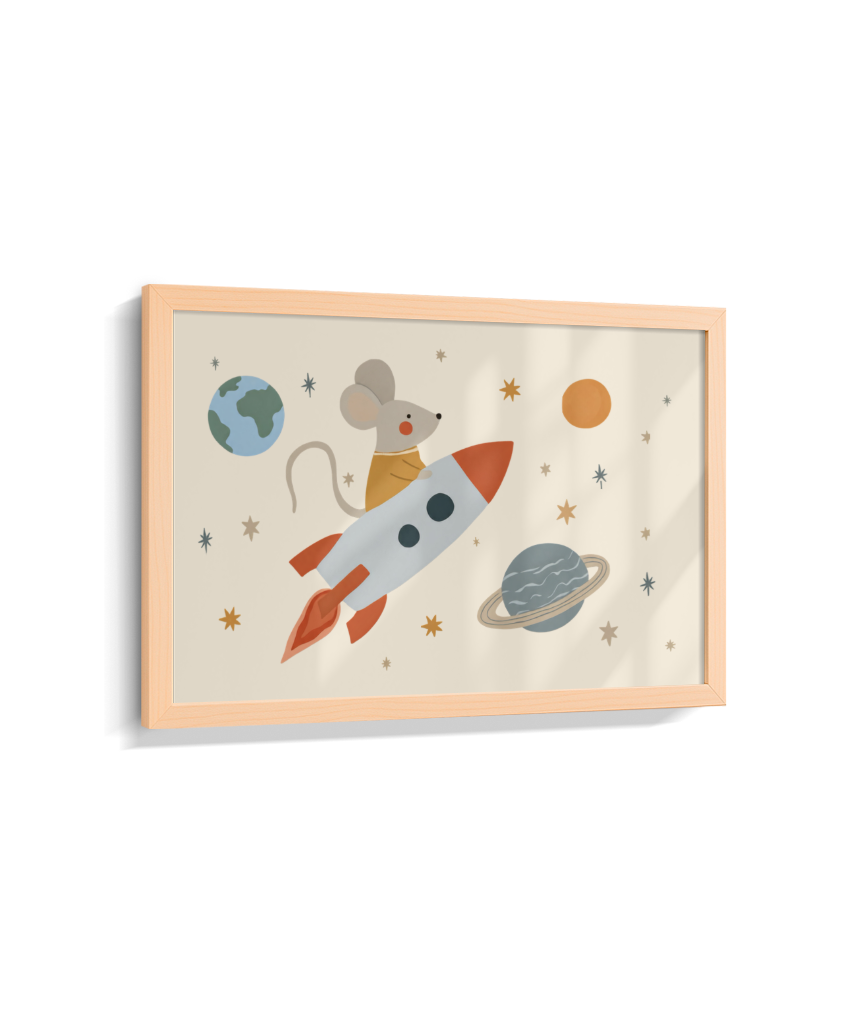 Ratinho no foguete espaço e planetas (horizontal)