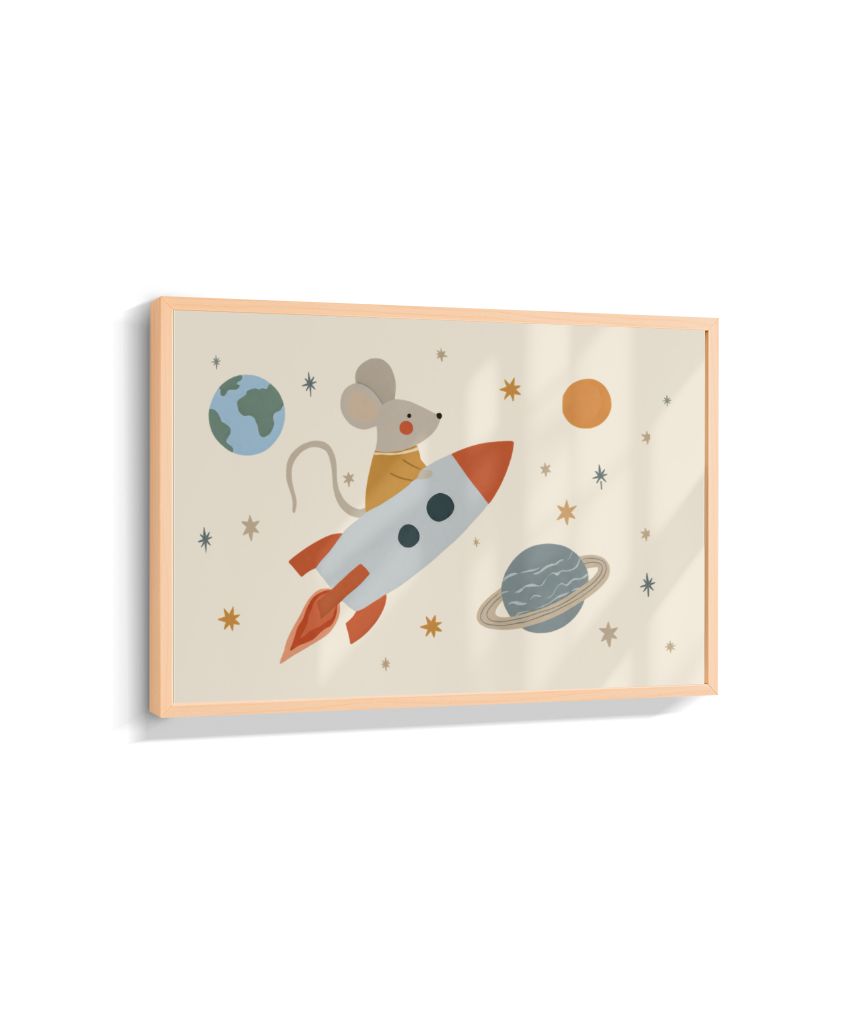 Ratinho no foguete espaço e planetas (horizontal)