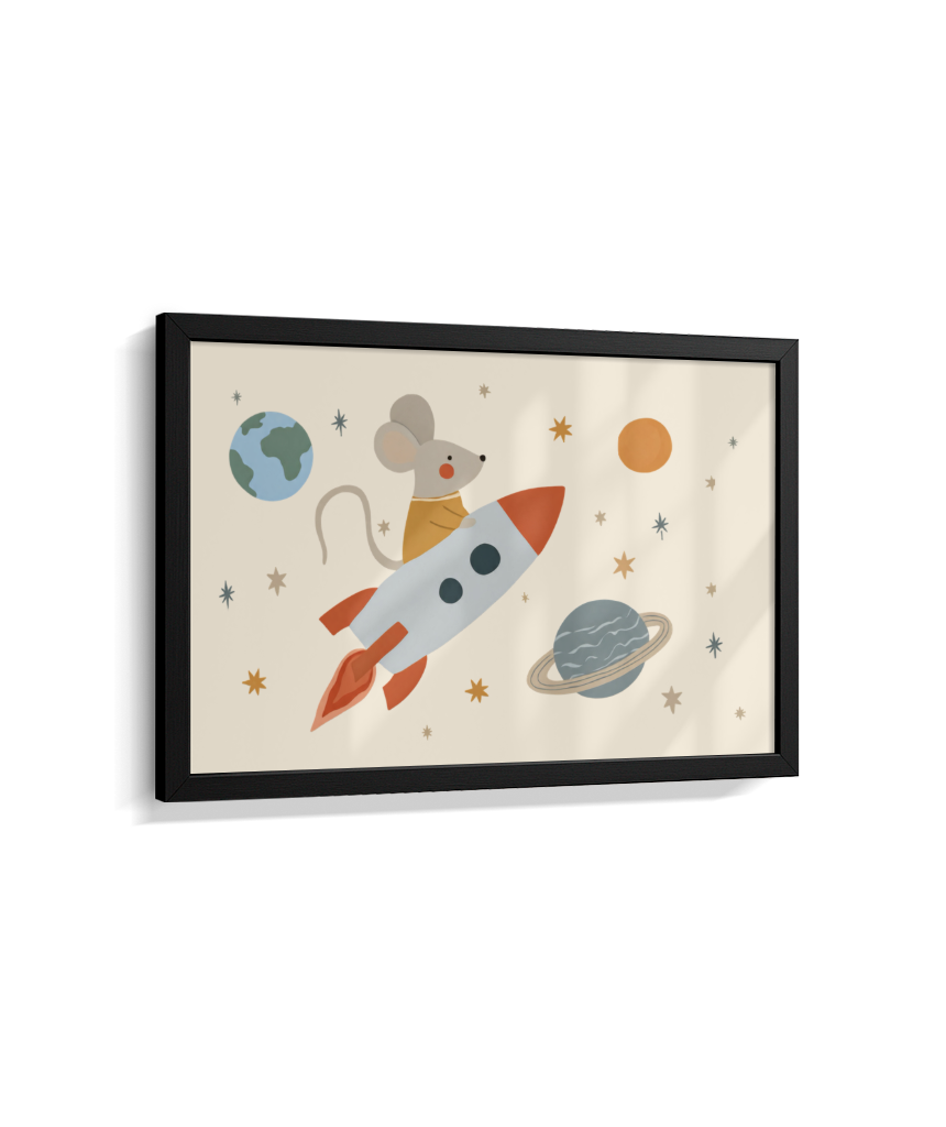 Ratinho no foguete espaço e planetas (horizontal)