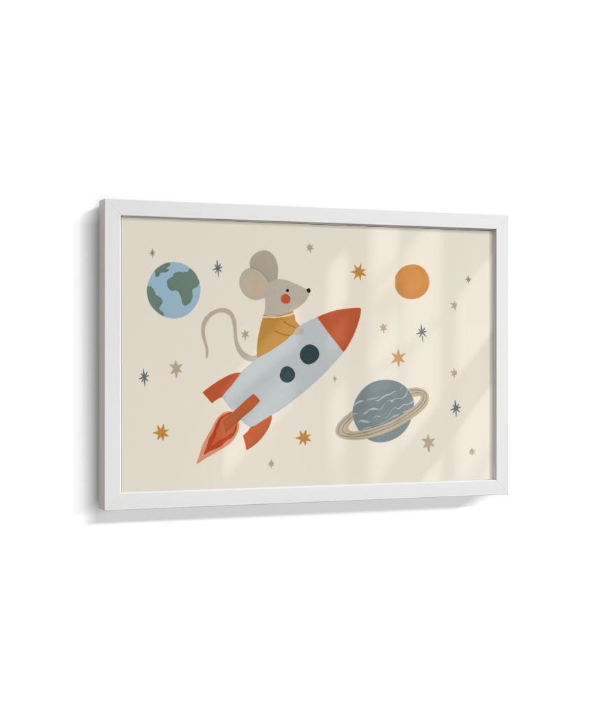 Ratinho no foguete espaço e planetas (horizontal)