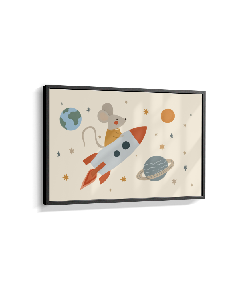 Ratinho no foguete espaço e planetas (horizontal)