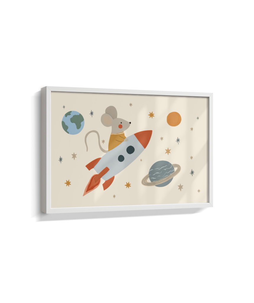 Ratinho no foguete espaço e planetas (horizontal)
