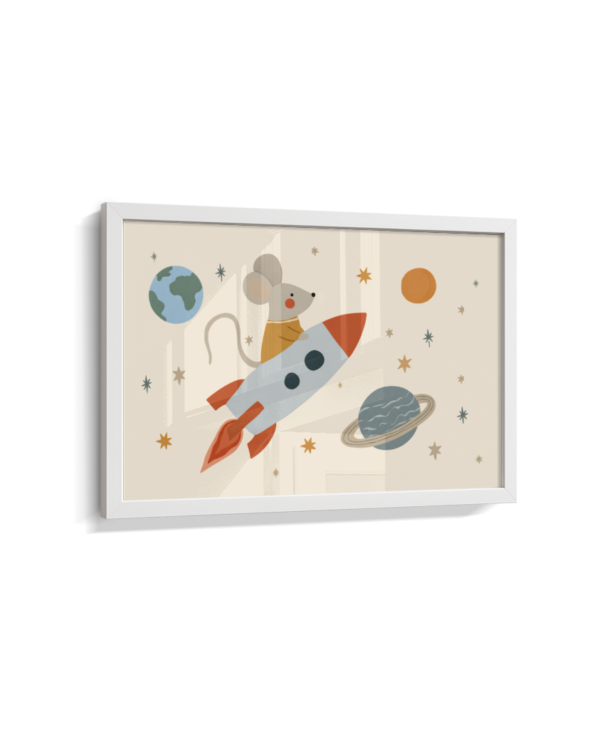 Ratinho no foguete espaço e planetas (horizontal)