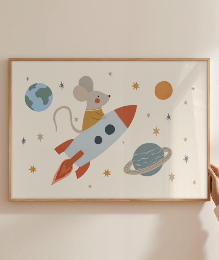 Ratinho no foguete espaço e planetas (horizontal)