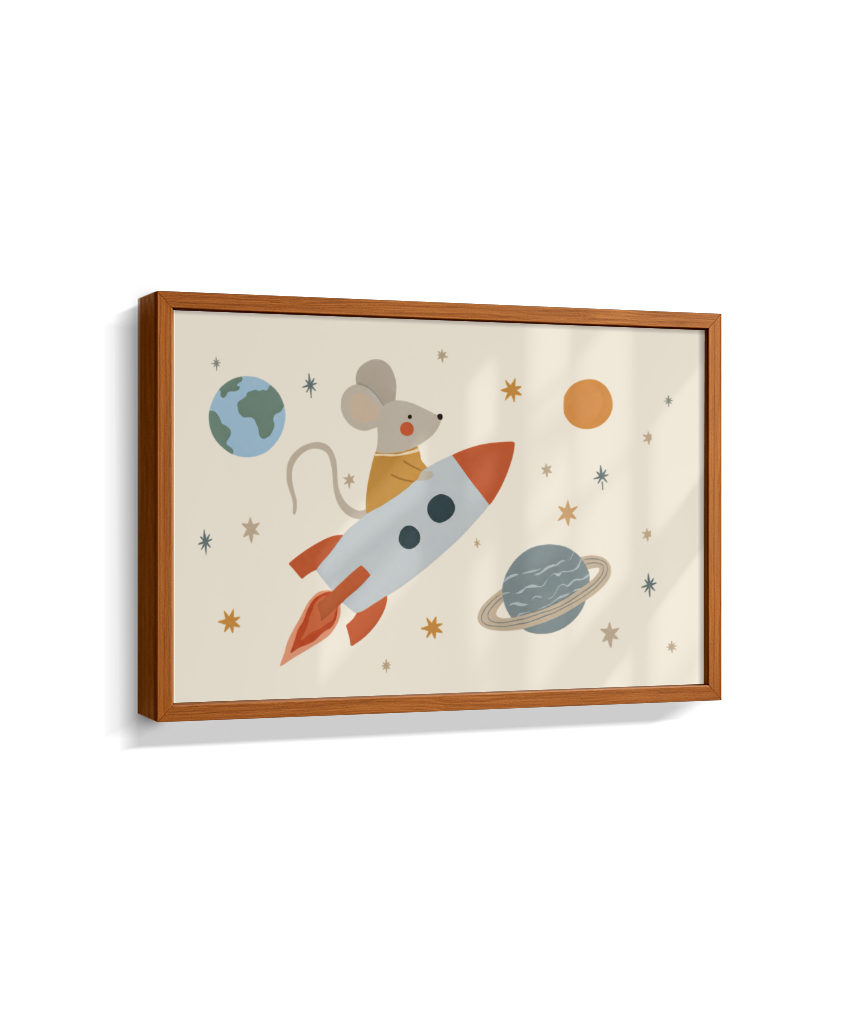 Ratinho no foguete espaço e planetas (horizontal)