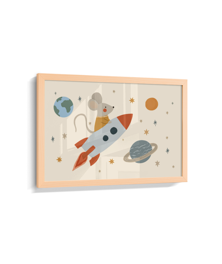 Ratinho no foguete espaço e planetas (horizontal)