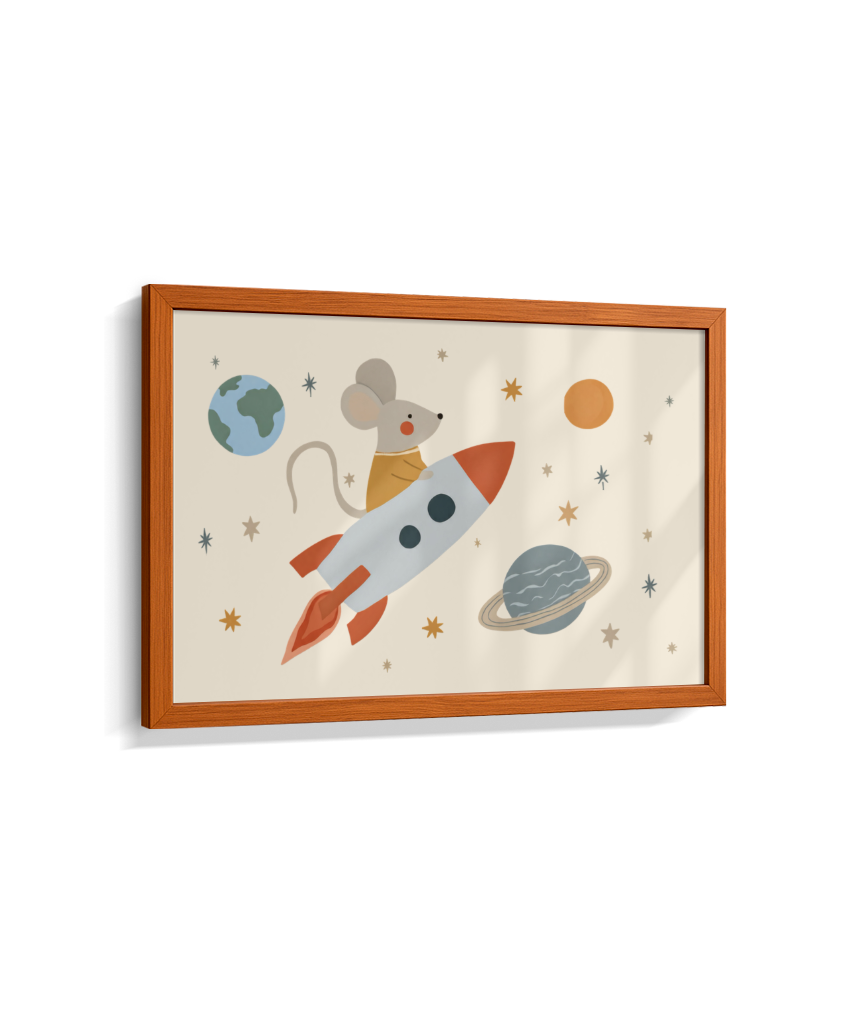 Ratinho no foguete espaço e planetas (horizontal)