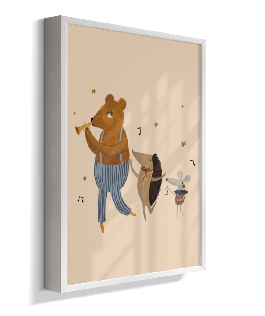 Amigos lúdicos (urso, porco espinho e rato) com música