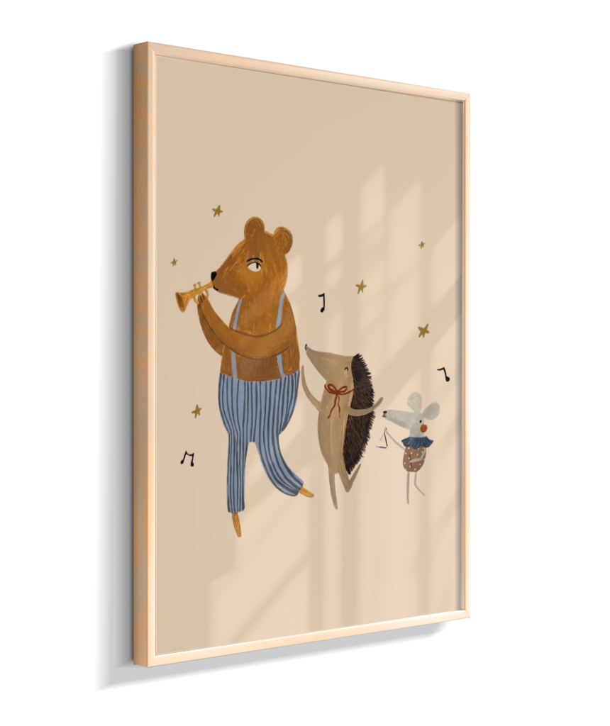Amigos lúdicos (urso, porco espinho e rato) com música