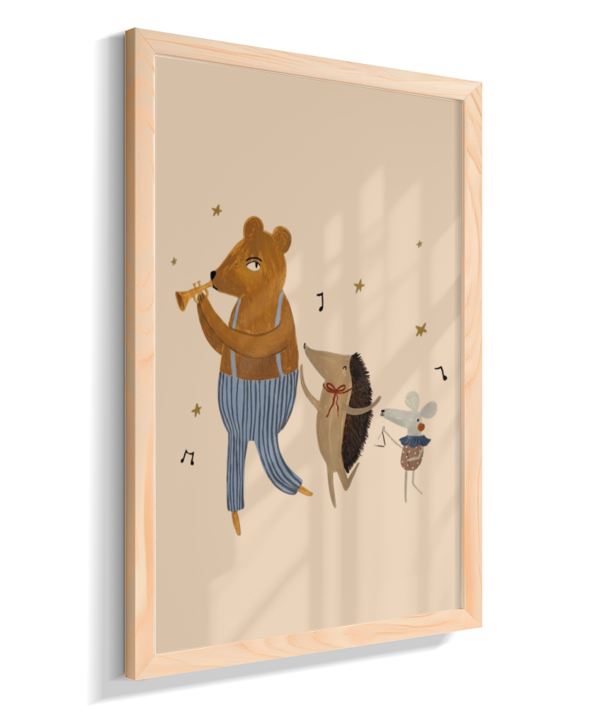 Amigos lúdicos (urso, porco espinho e rato) com música