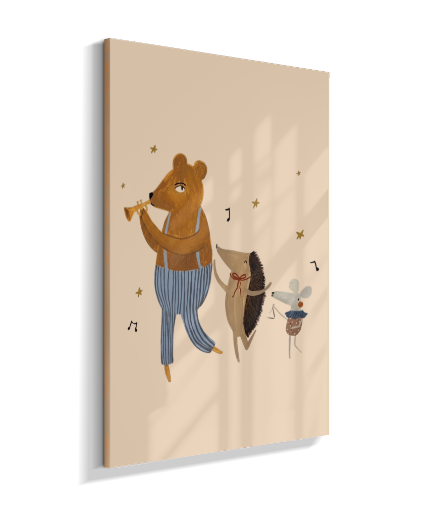 Amigos lúdicos (urso, porco espinho e rato) com música
