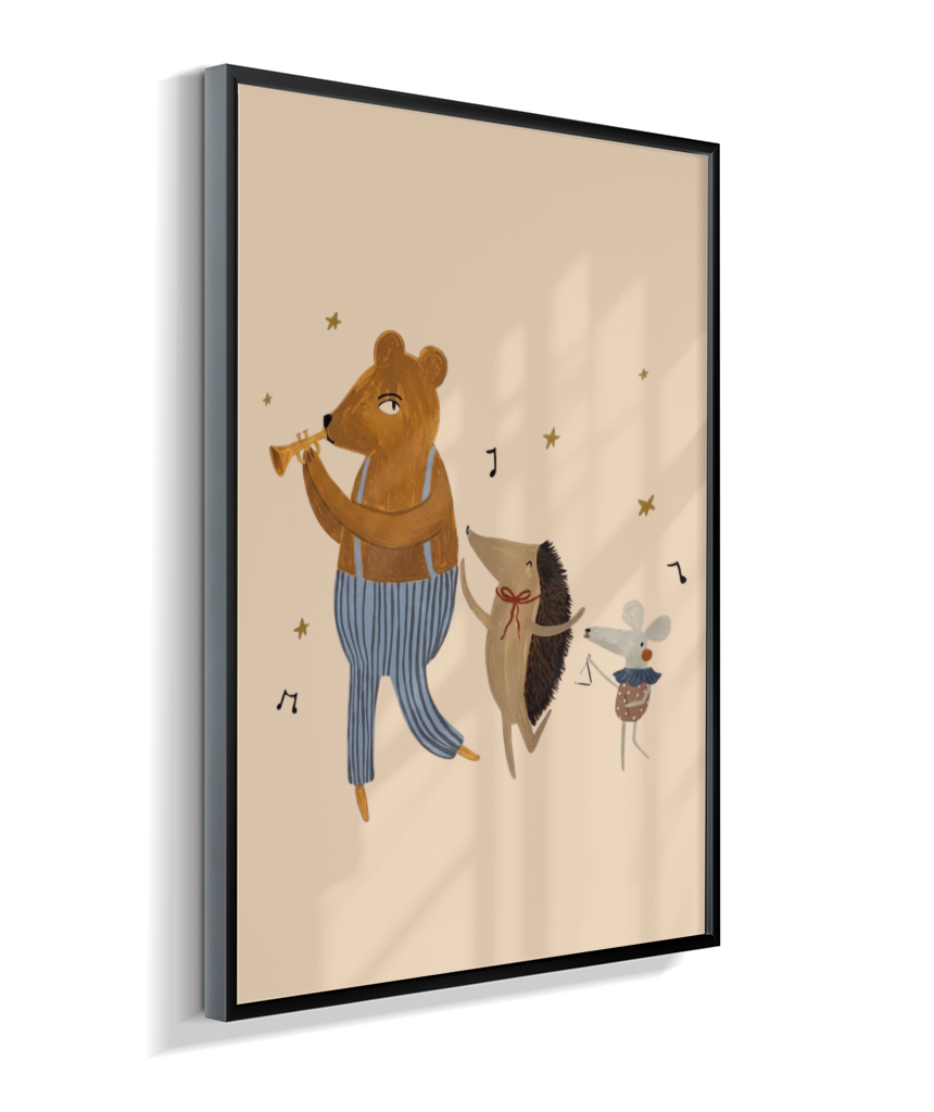 Amigos lúdicos (urso, porco espinho e rato) com música