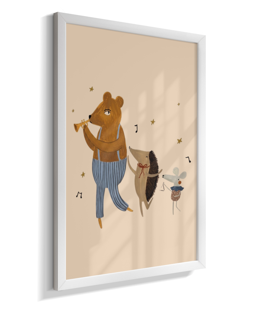 Amigos lúdicos (urso, porco espinho e rato) com música