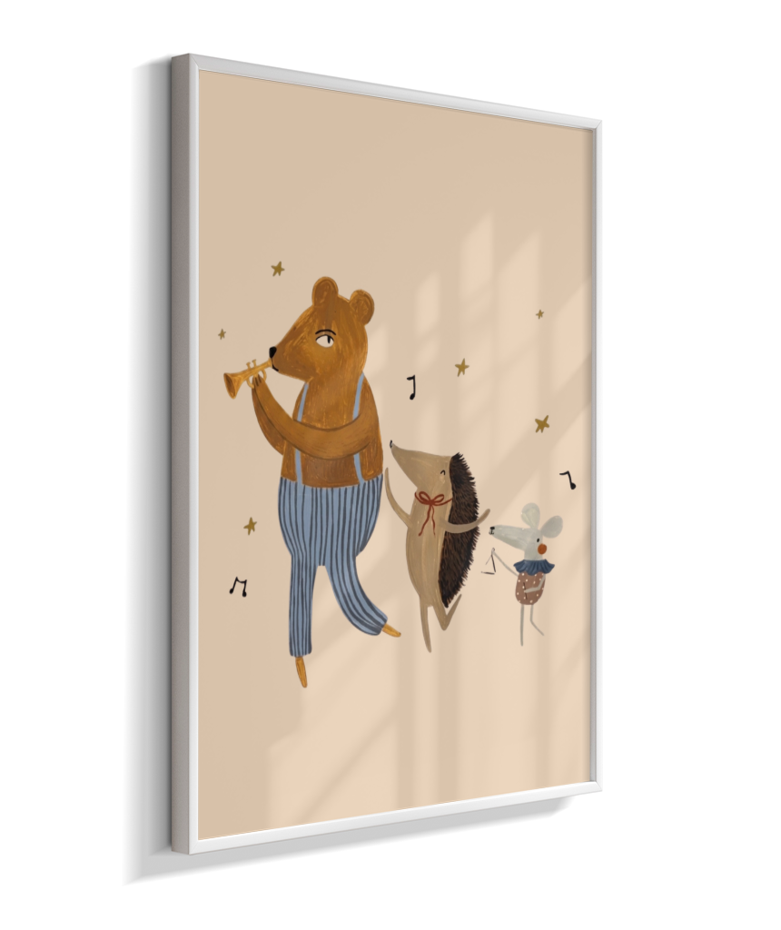 Amigos lúdicos (urso, porco espinho e rato) com música