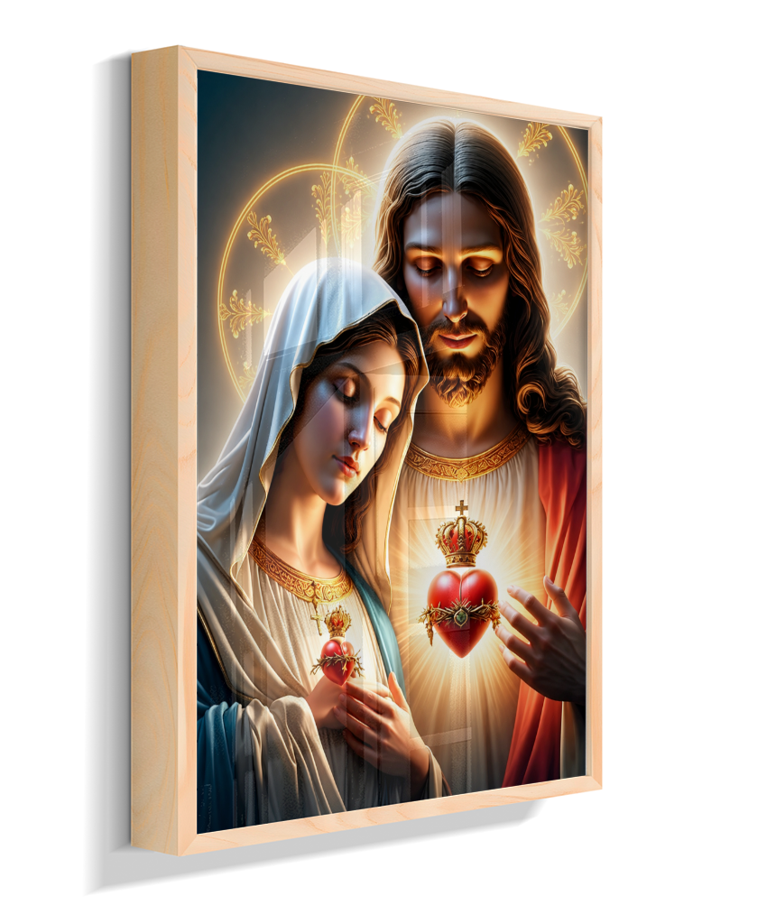 Quadros dos Sagrados Corações de Jesus e de Maria, disponíveis em diversos tamanhos e modelos de molduras