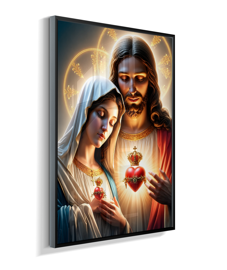 Quadros dos Sagrados Corações de Jesus e de Maria, disponíveis em diversos tamanhos e modelos de molduras