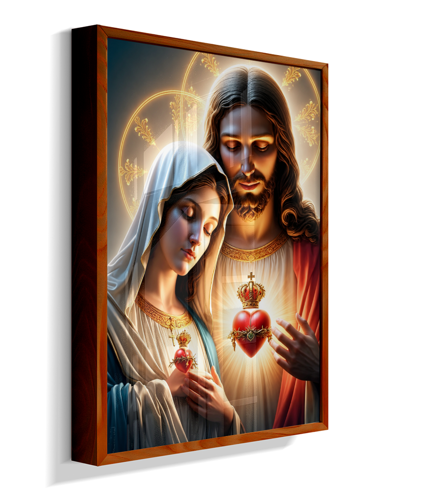 Quadros dos Sagrados Corações de Jesus e de Maria, disponíveis em diversos tamanhos e modelos de molduras