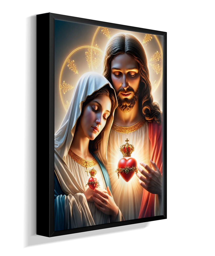 Quadros dos Sagrados Corações de Jesus e de Maria, disponíveis em diversos tamanhos e modelos de molduras