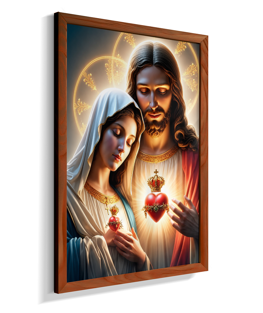 Quadros dos Sagrados Corações de Jesus e de Maria, disponíveis em diversos tamanhos e modelos de molduras