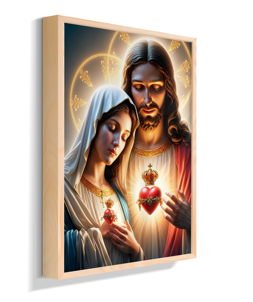 Quadros dos Sagrados Corações de Jesus e de Maria, disponíveis em diversos tamanhos e modelos de molduras